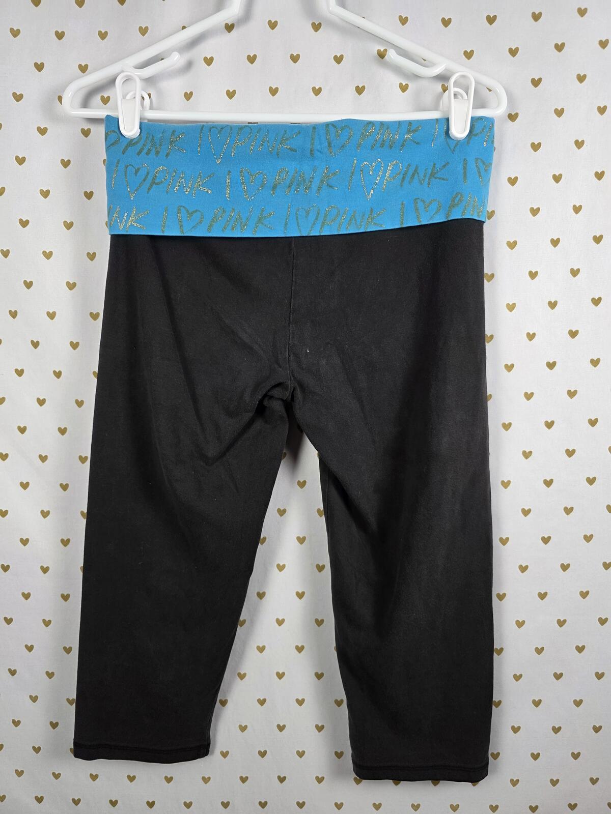 Victorias Secret PINK  LOVE Blue FOLDOVER Yoga Pants vintage Capri Cropped MED