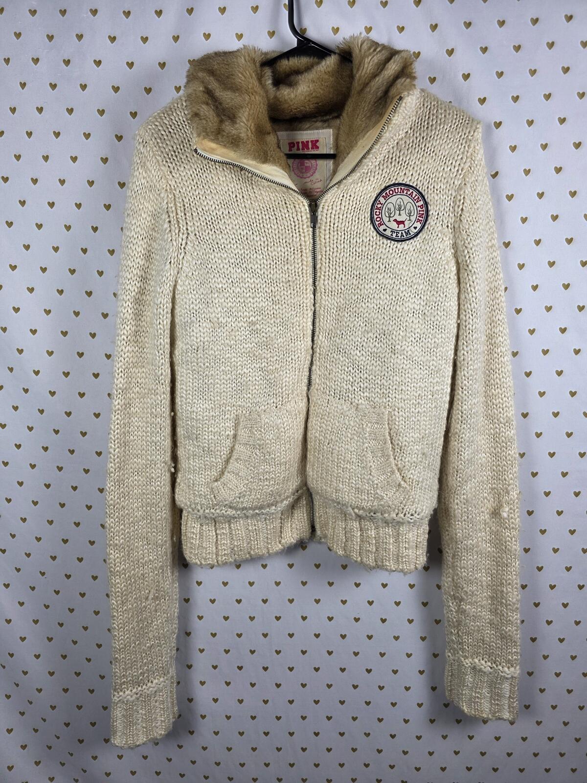 Victorias Secret Pink VINTAGE Y2K CREAM FUR HAND KNIT ZIP UP SWEATER Patch RARE