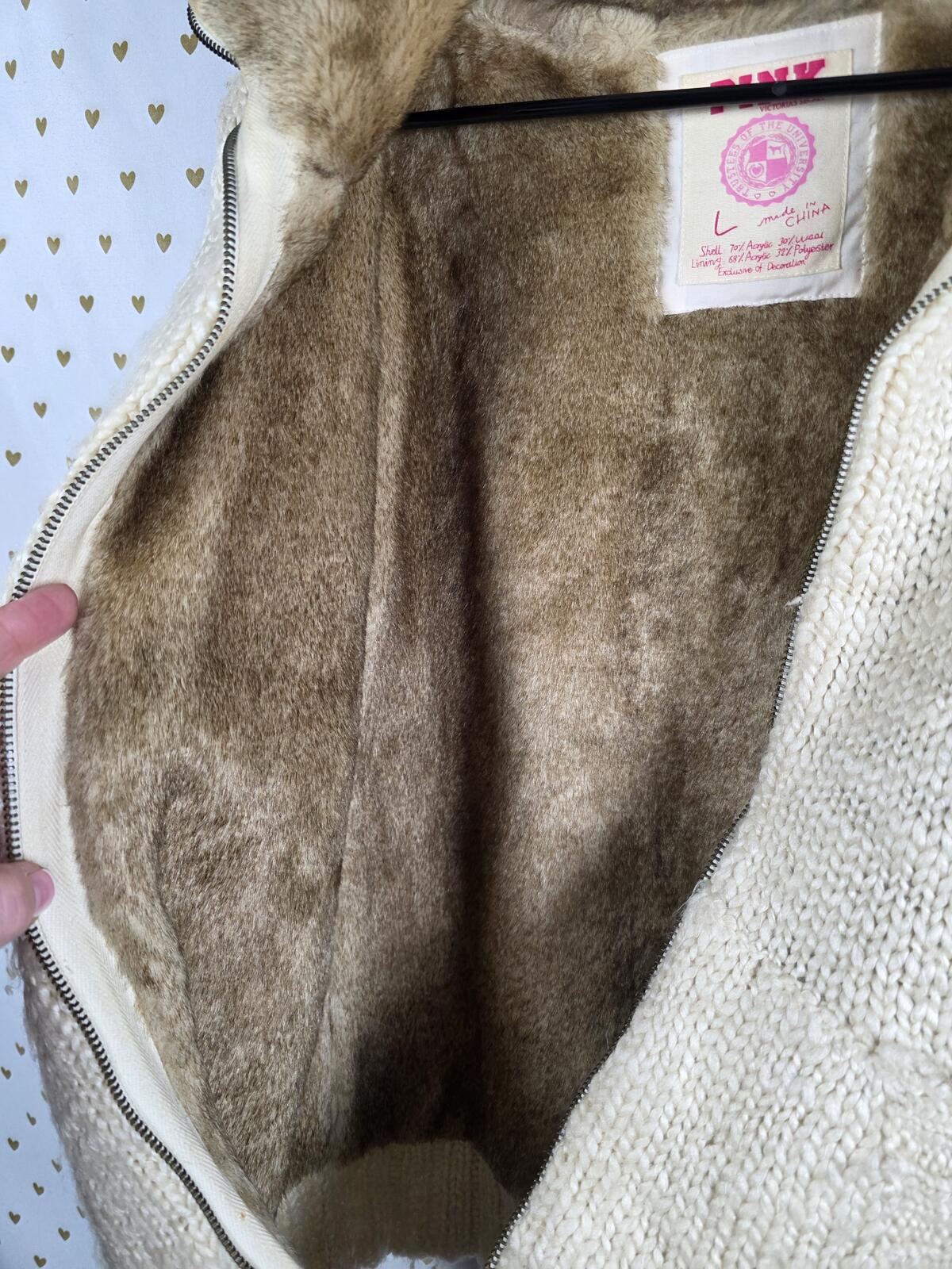 Victorias Secret Pink VINTAGE Y2K CREAM FUR HAND KNIT ZIP UP SWEATER Patch RARE