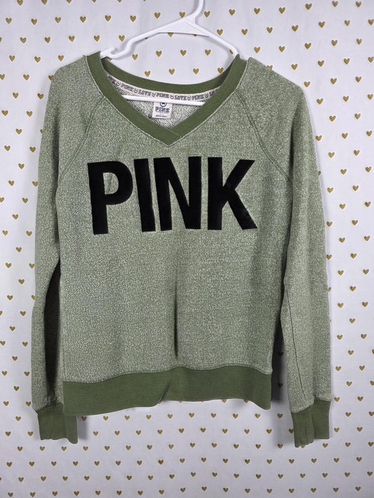 Victorias Secret Pink Vintage Sage Green Velvet Logo Y2k Sweater Shirt Small