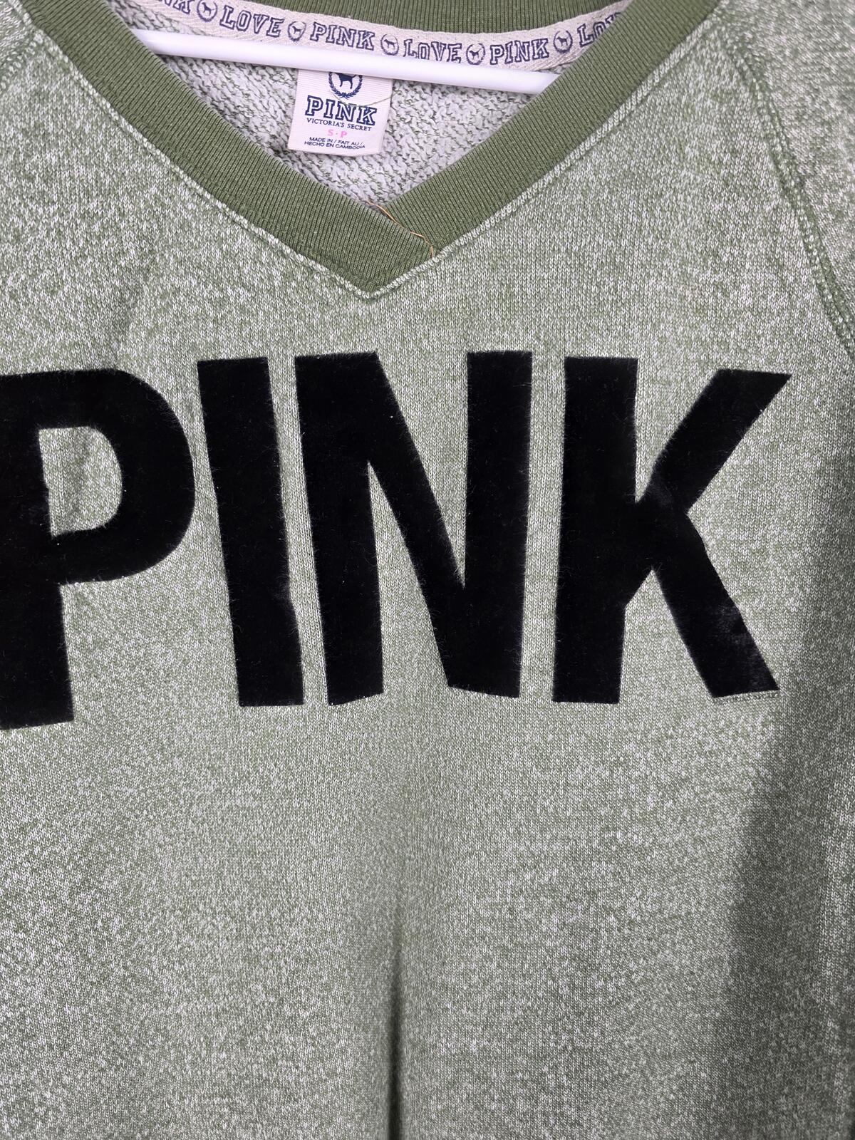 Victorias Secret Pink Vintage Sage Green Velvet Logo Y2k Sweater Shirt Small