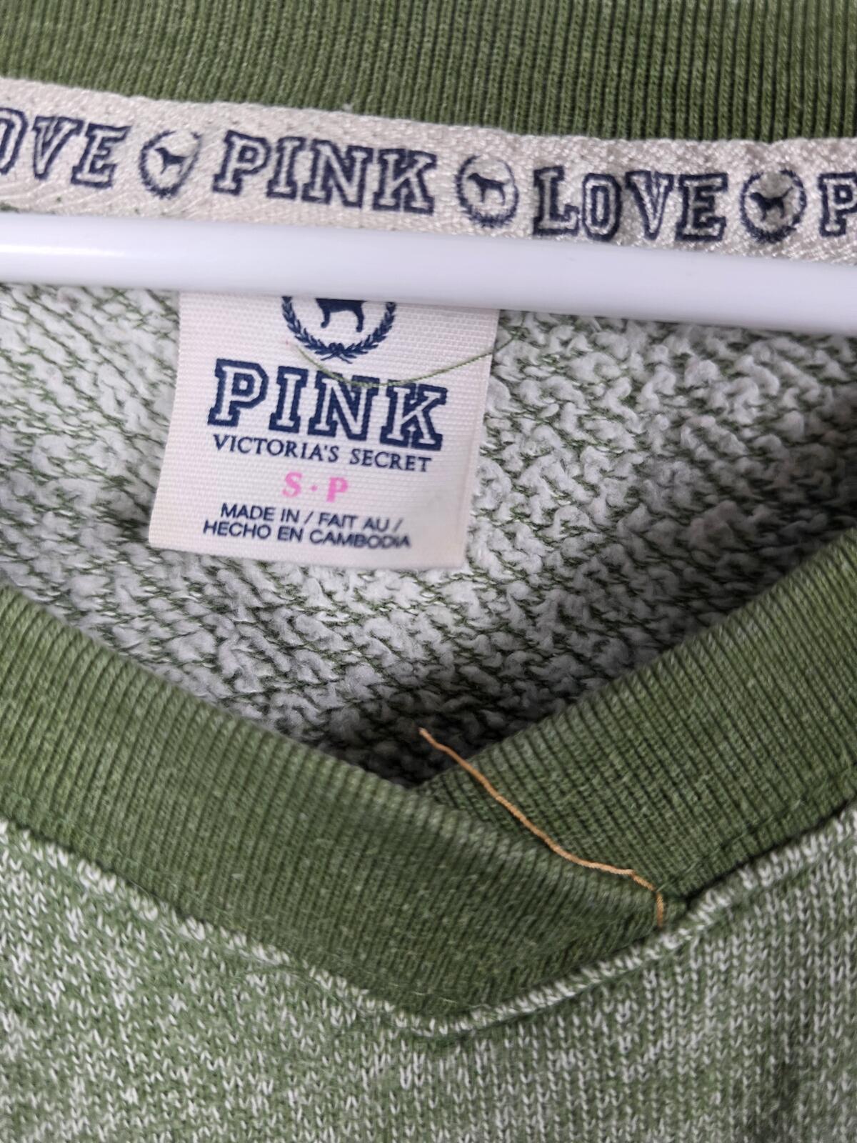 Victorias Secret Pink Vintage Sage Green Velvet Logo Y2k Sweater Shirt Small