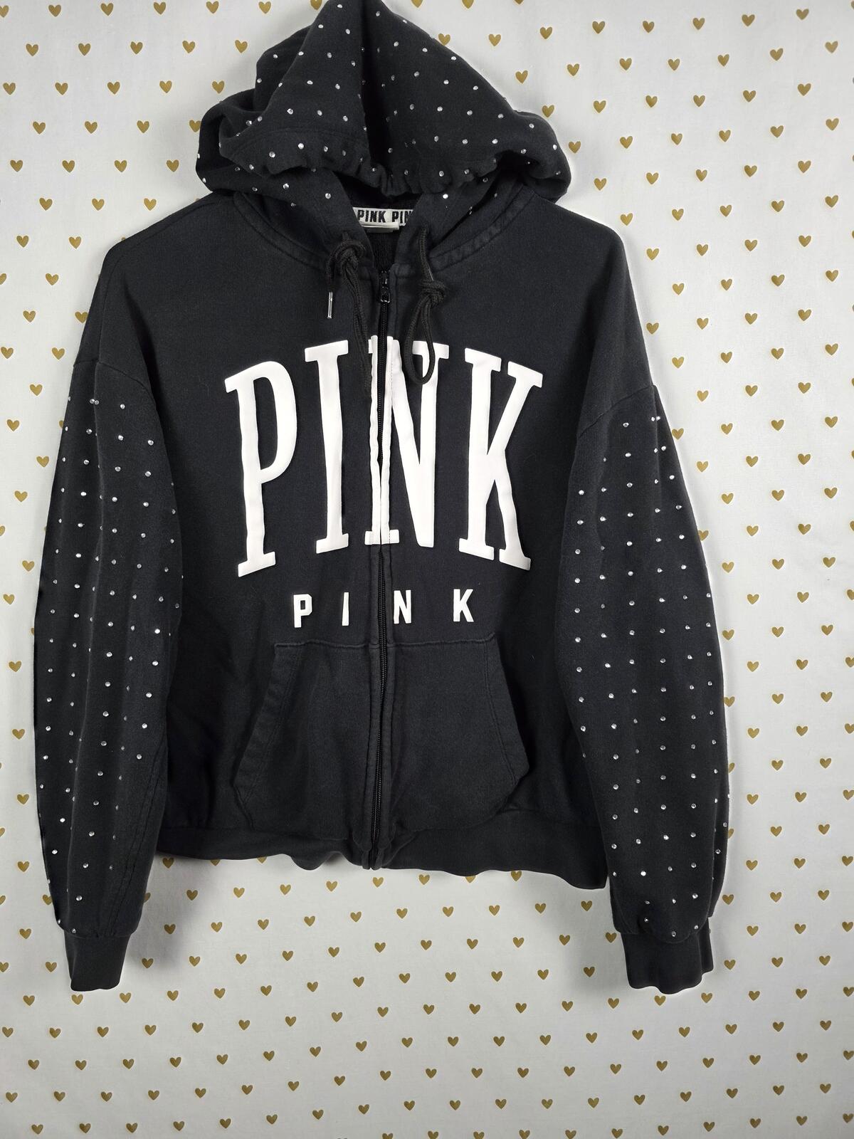 Victorias Secret Pink Bling Studded Hoodie Full zip Black Jacket SM Rhinestone