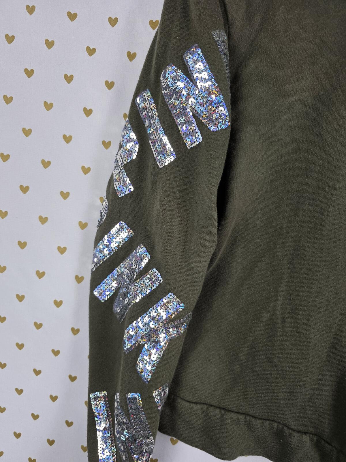 Victorias Secret Pink Green BLING SEQUINED Logo Full Zip Hoodie Jacket Small