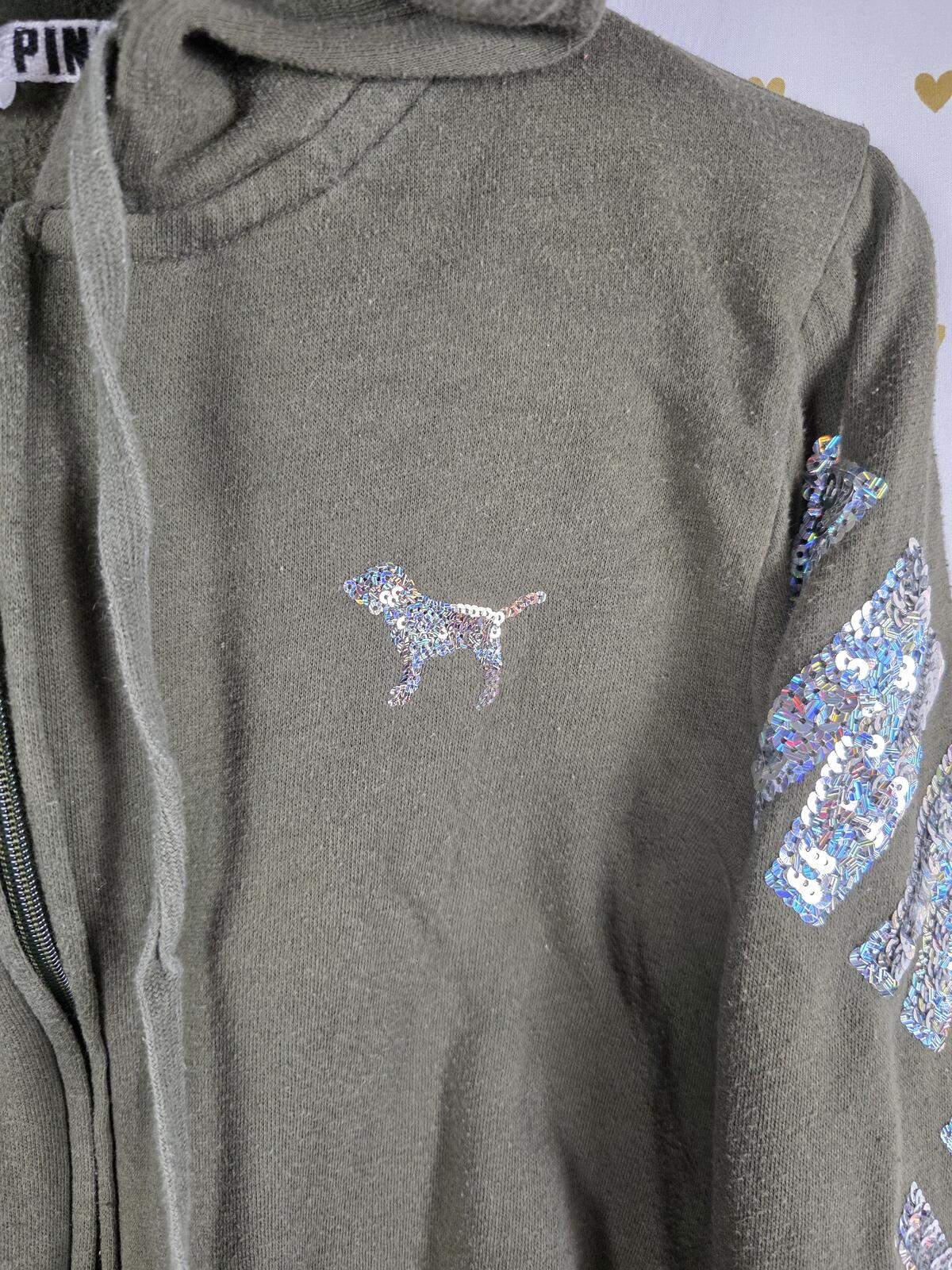 Victorias Secret Pink Green BLING SEQUINED Logo Full Zip Hoodie Jacket Small
