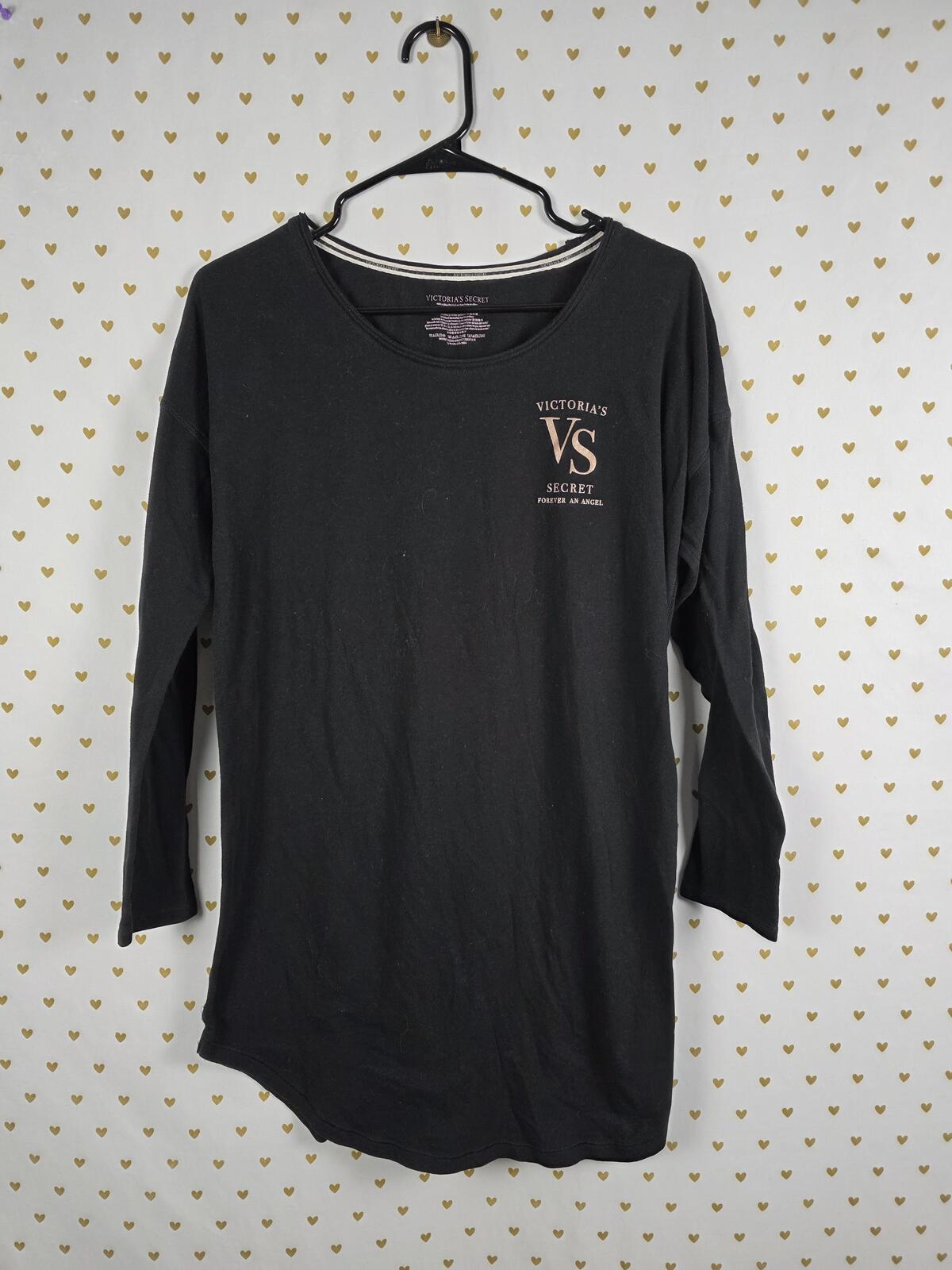 Victorias Secret Black ANGELS Long Sleeve Nightgown Night Sleep Shirt SMALL