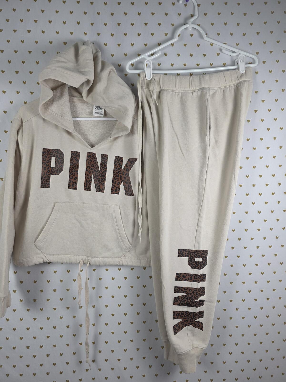 Victorias Secret Pink Cheetah Leopard Logo SET Hoodie Joggers sweats SMALL Beige