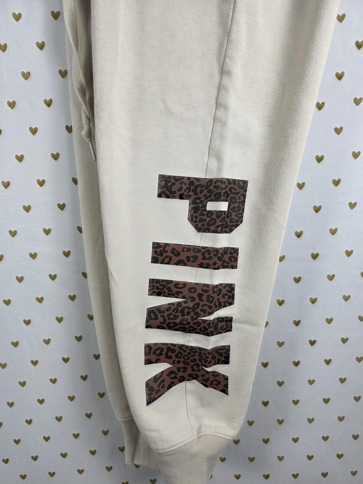 Victorias Secret Pink Cheetah Leopard Logo SET Hoodie Joggers sweats SMALL Beige