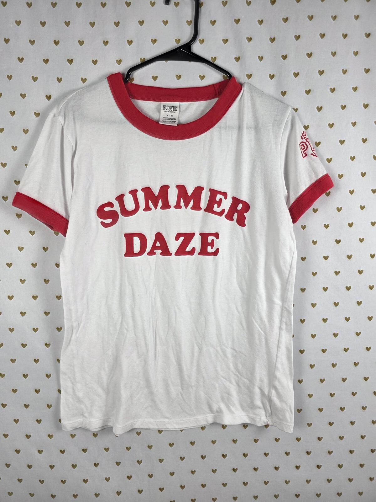 Victorias Secret PINK SUMMER DAZE Cute Ringer Tee shirt Red White MEDIUM