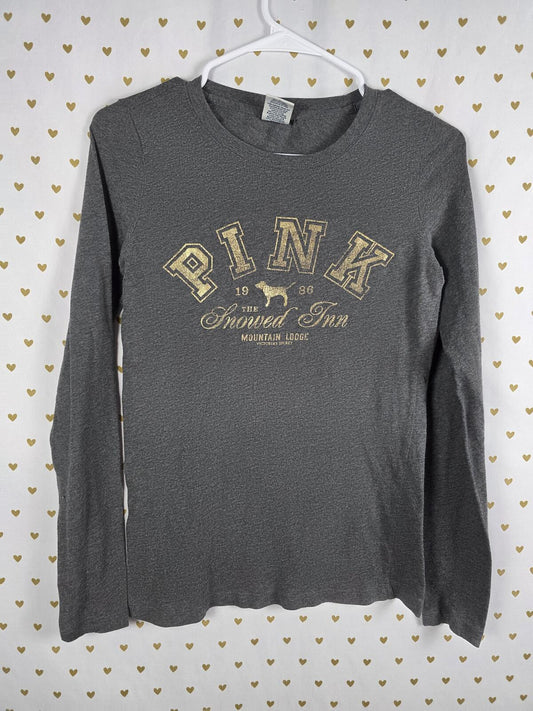 Victorias Secret PINK Long Sleeve Gold Logo Vintage Tee Shirt Lodge MEDIUM