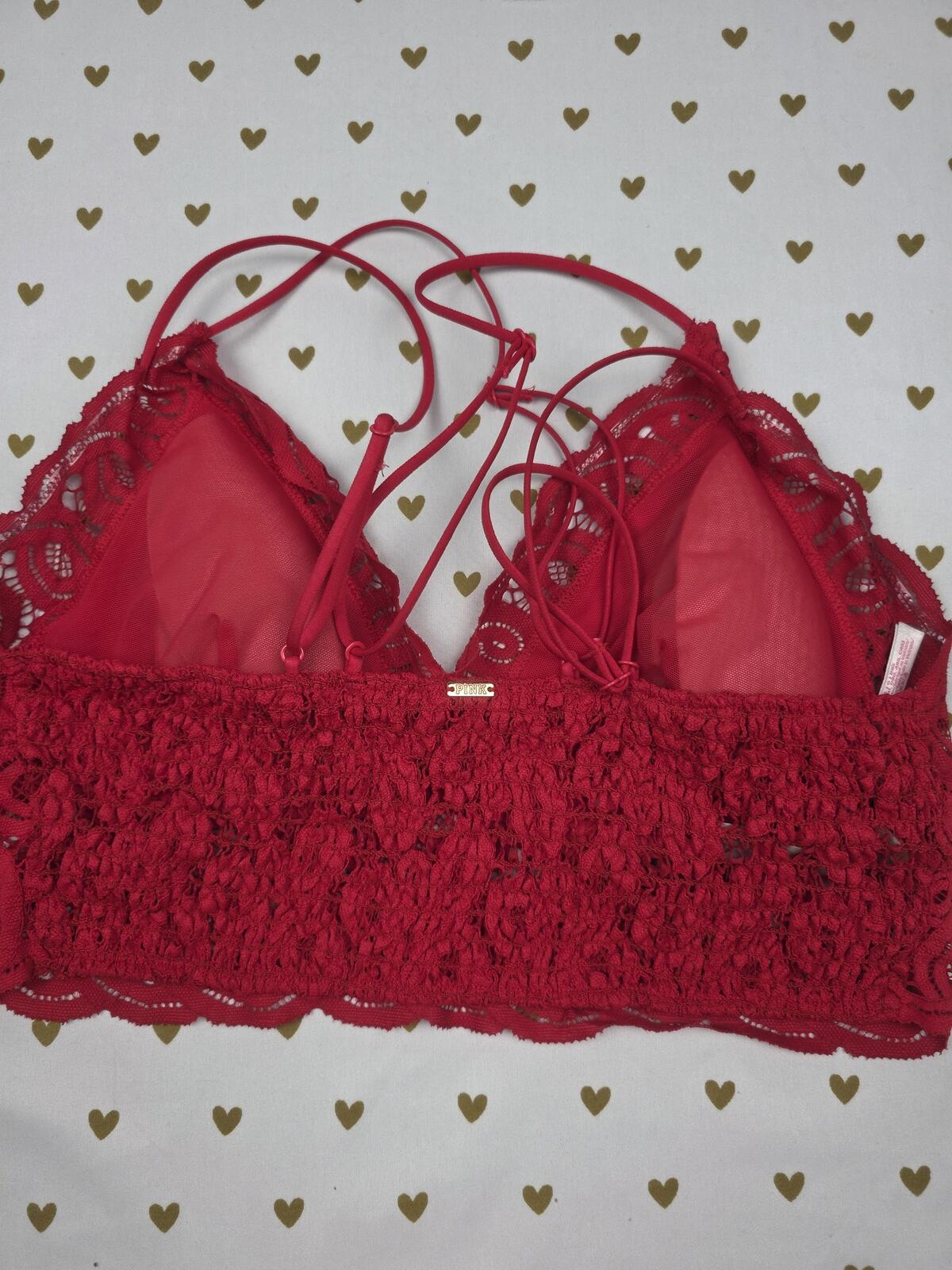 Victorias Secret Pink RED Strappy lace Bralette Bra Top Tank large
