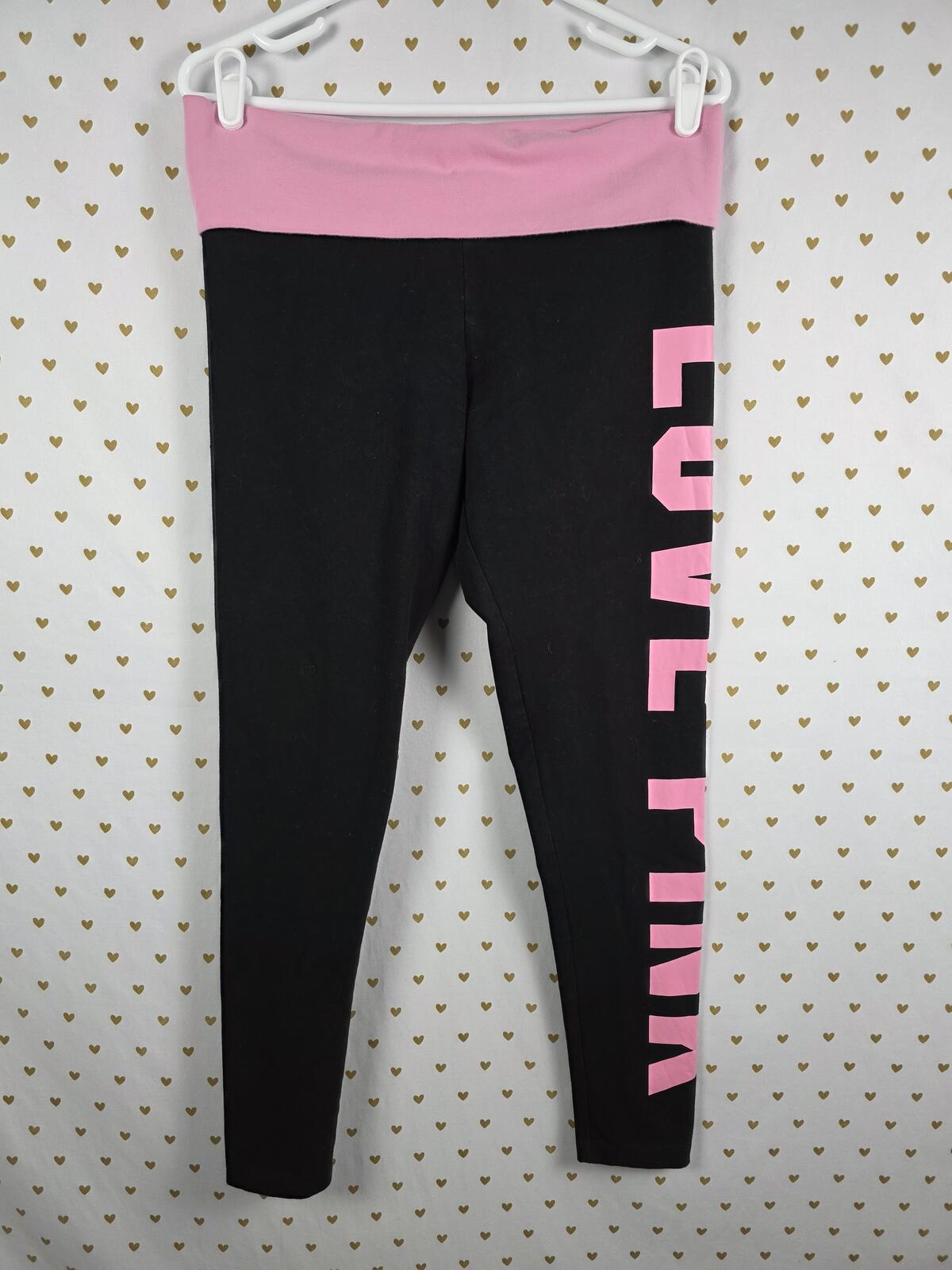 Victorias Secret PINK LOVE Logo FOLDOVER Yoga Pants Leggings LARGE