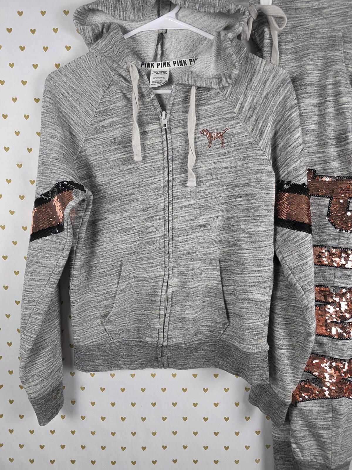 Victorias Secret Pink BLING SET 2pc GOLD Sweats Hoodie Grey Sequined  Joggers