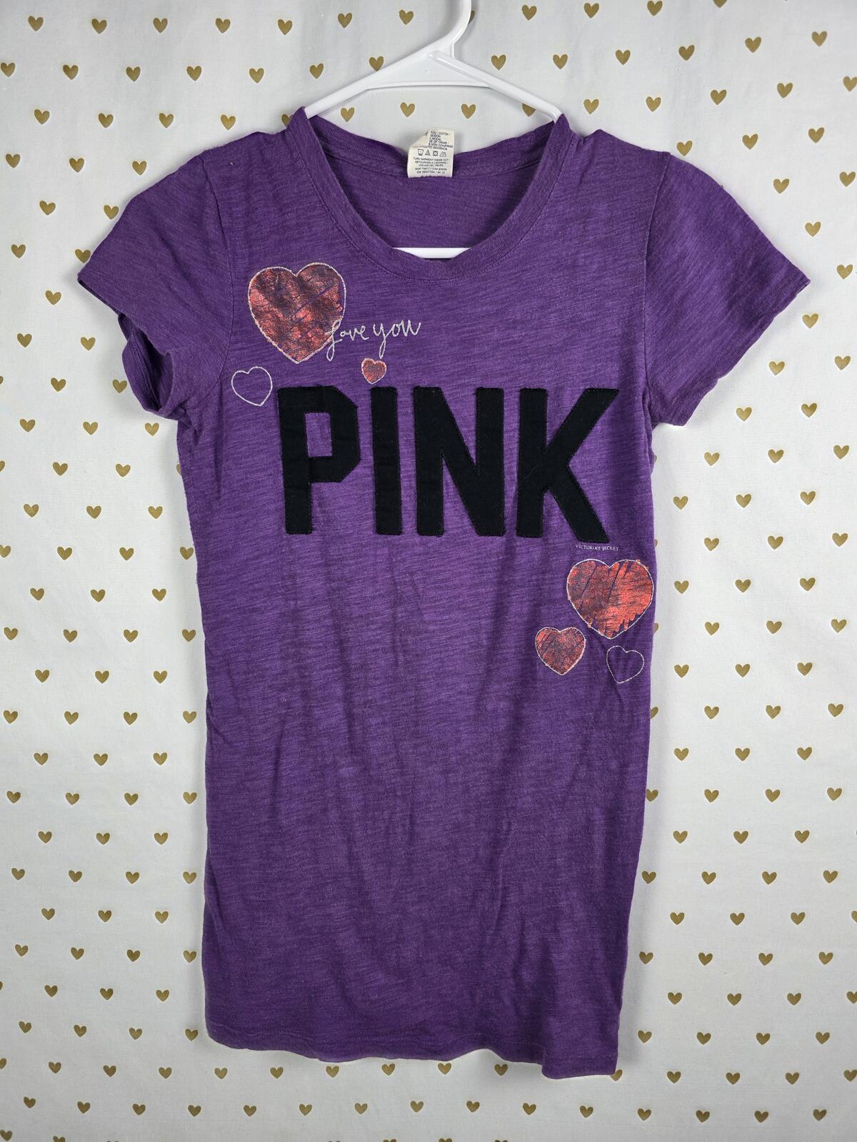 Victorias Secret PINK Purple Y2k Vintage tee shirt HEARTS xs
