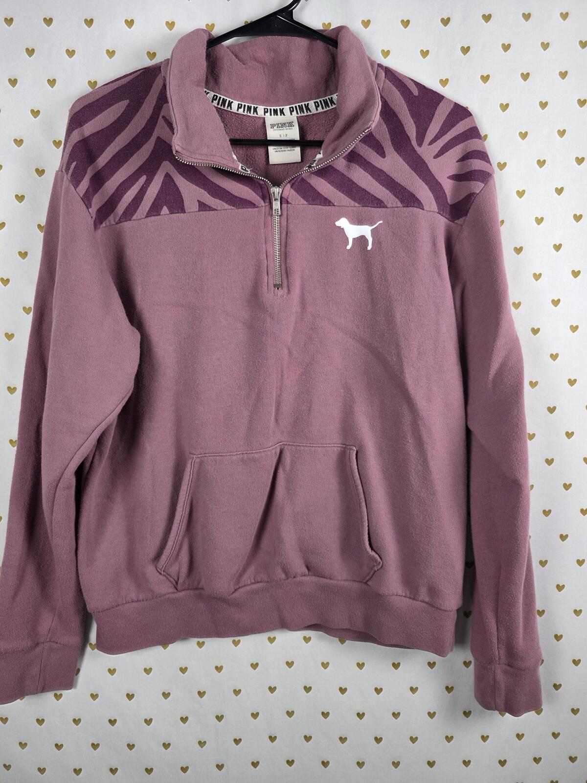Victorias Secret Pink Zebra Print Quarter Zip LOVE Sweater SMALL