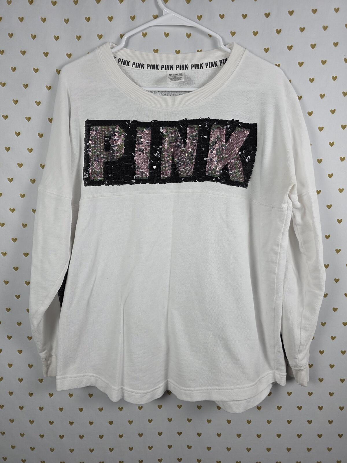 Victorias Secret Pink White Sequined Bling Logo Sweater Shirt Long Sleeve MEDIUM