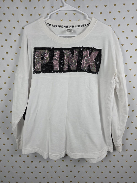 Victorias Secret Pink White Sequined Bling Logo Sweater Shirt Long Sleeve MEDIUM