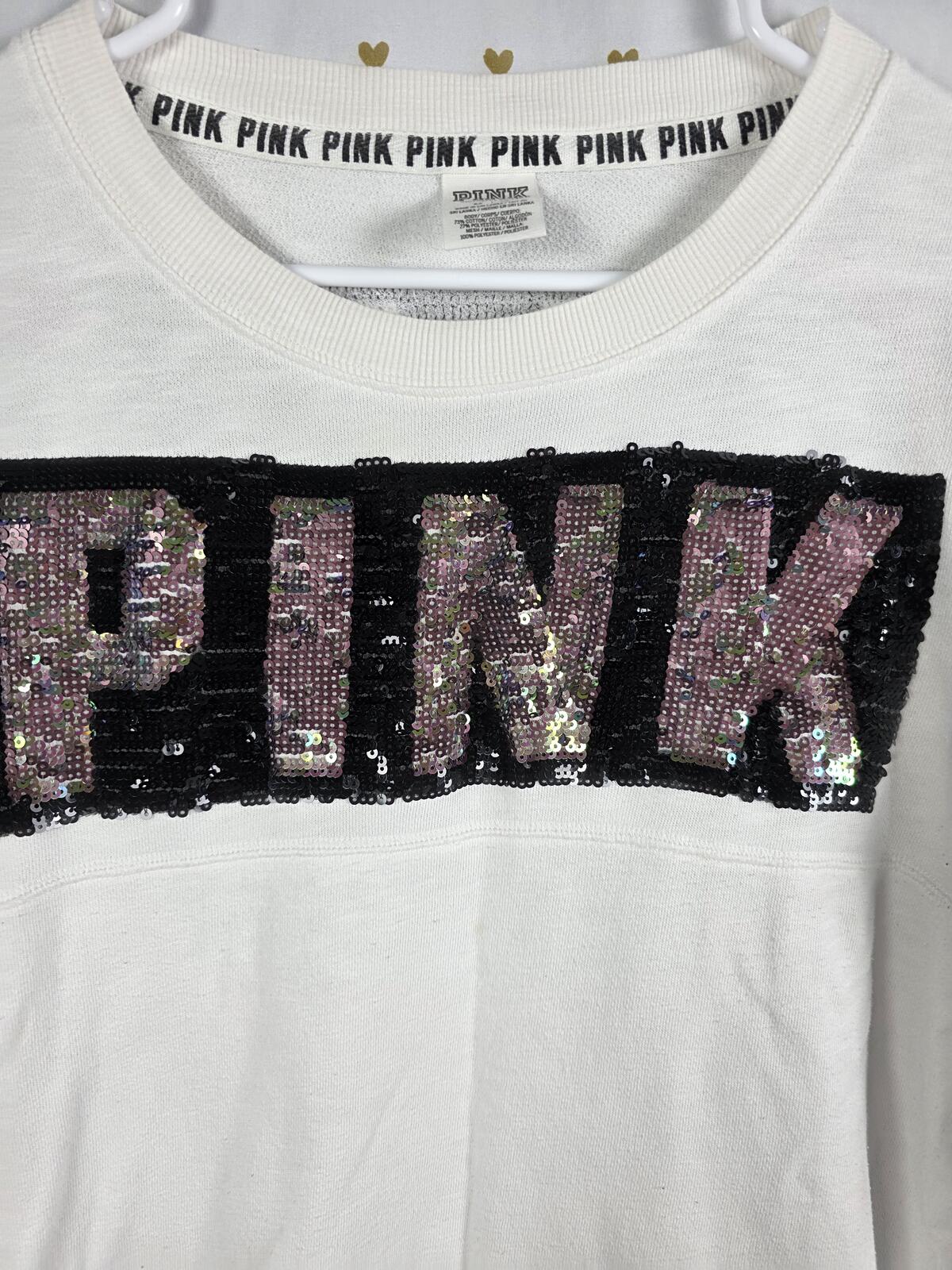 Victorias Secret Pink White Sequined Bling Logo Sweater Shirt Long Sleeve MEDIUM