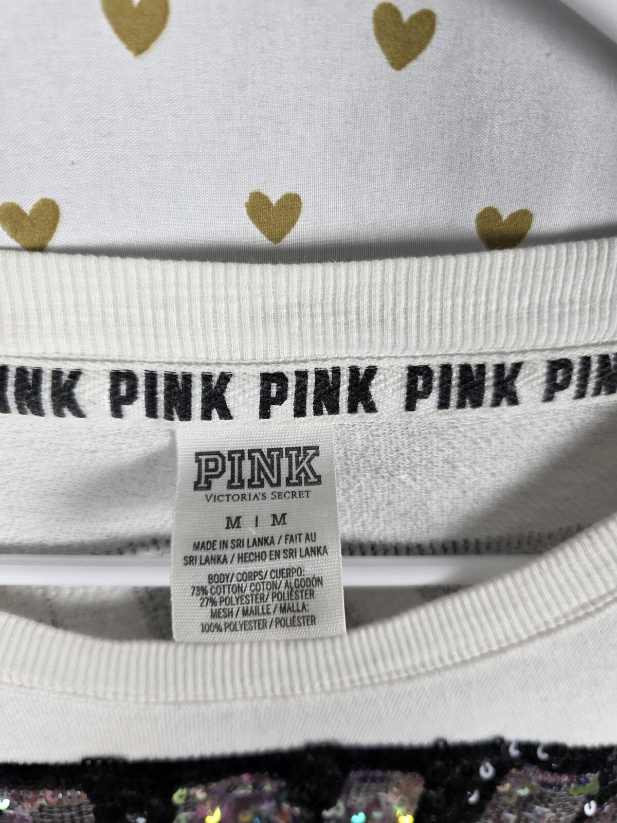 Victorias Secret Pink White Sequined Bling Logo Sweater Shirt Long Sleeve MEDIUM