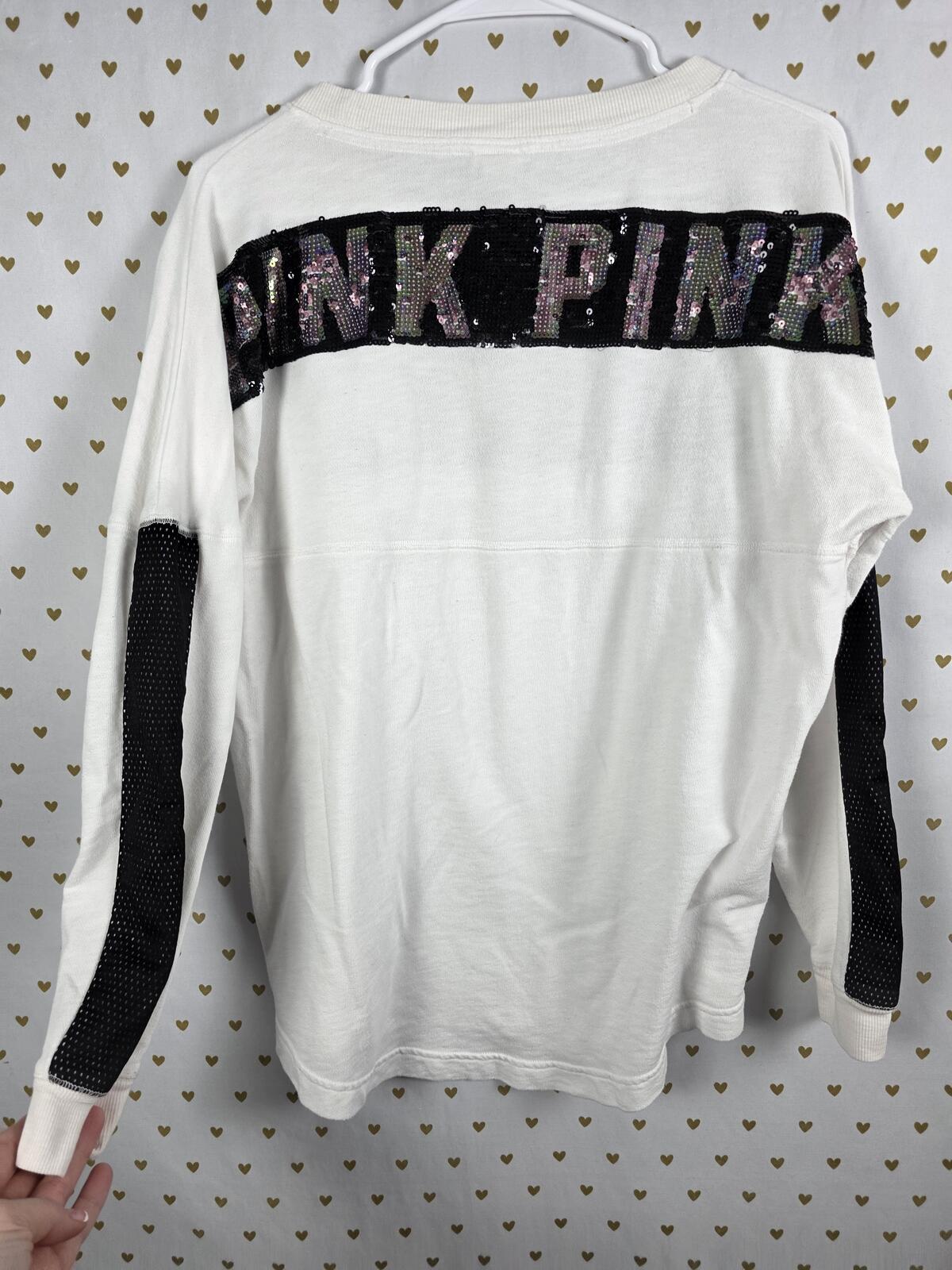 Victorias Secret Pink White Sequined Bling Logo Sweater Shirt Long Sleeve MEDIUM