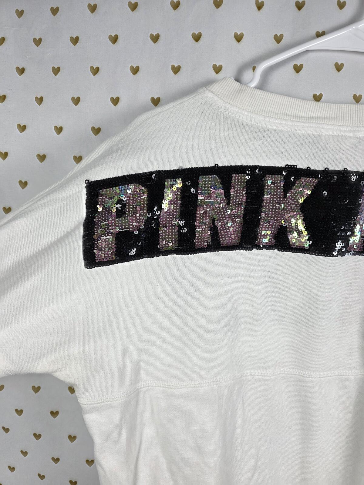 Victorias Secret Pink White Sequined Bling Logo Sweater Shirt Long Sleeve MEDIUM