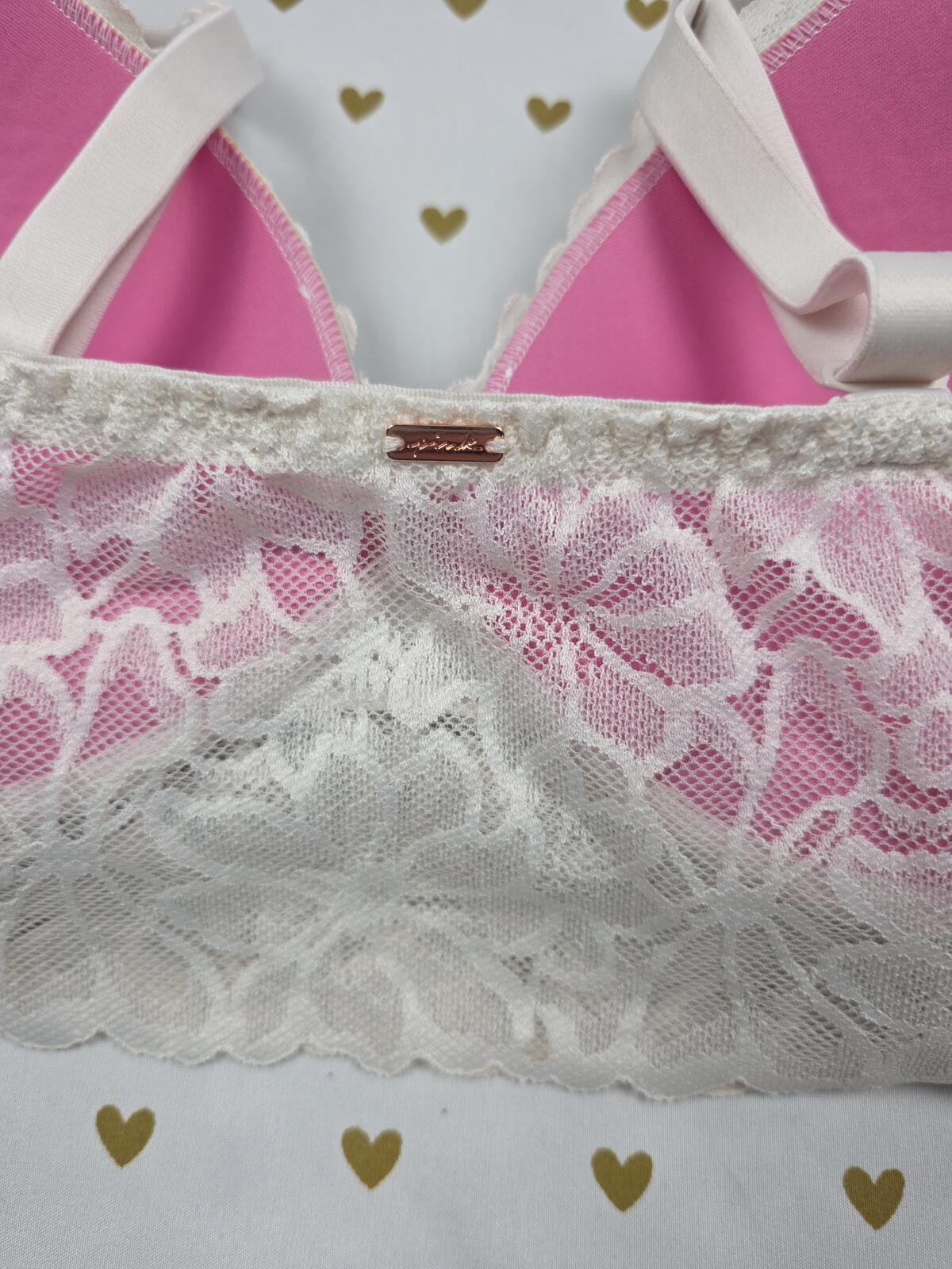Victorias Secret PINK White Large Lace Soft Bralette Bra Top Tank