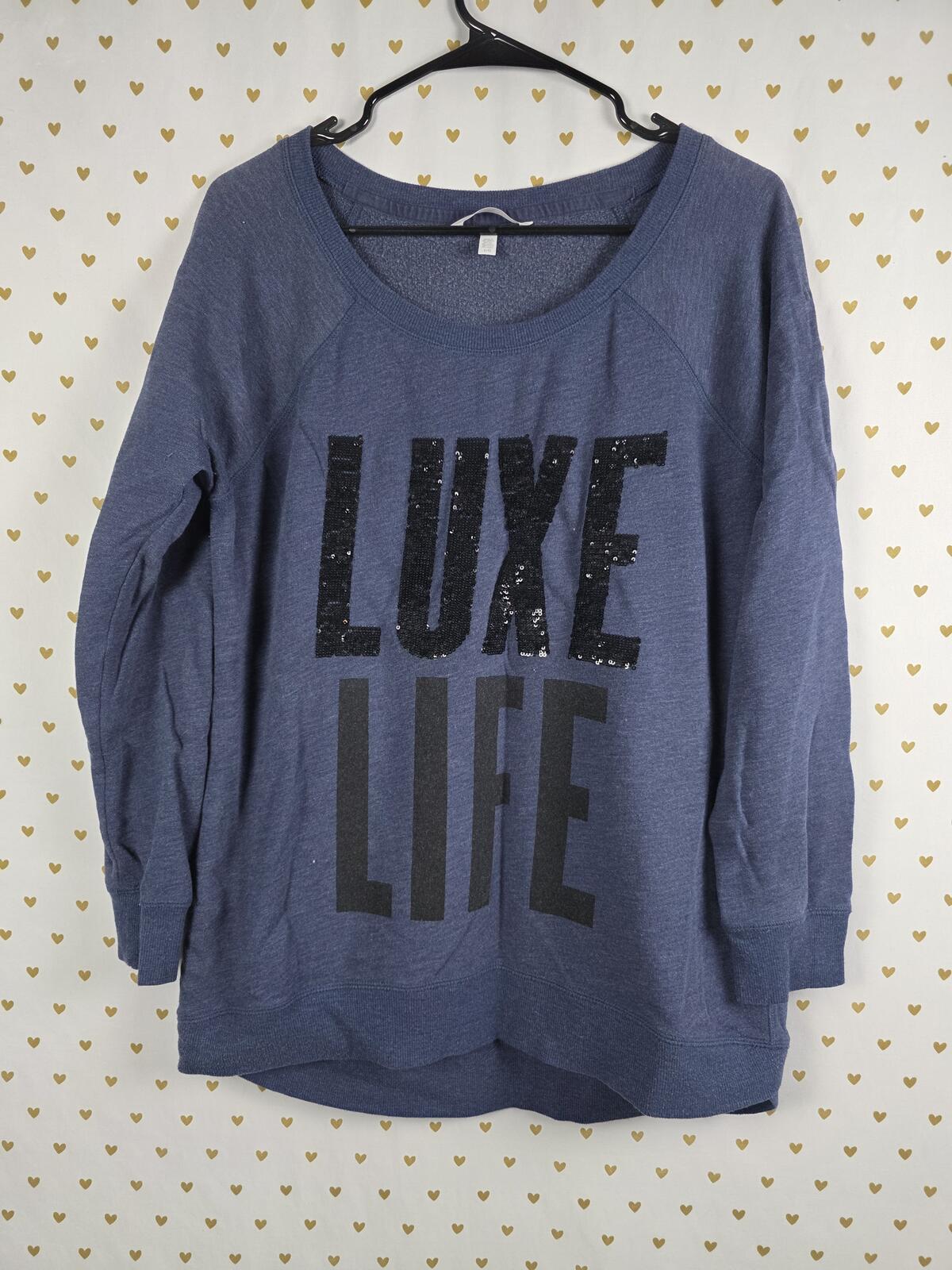 Victorias Secret BLUE LUXE LIFE Sweater Shirt BLING Sequined Logo Large