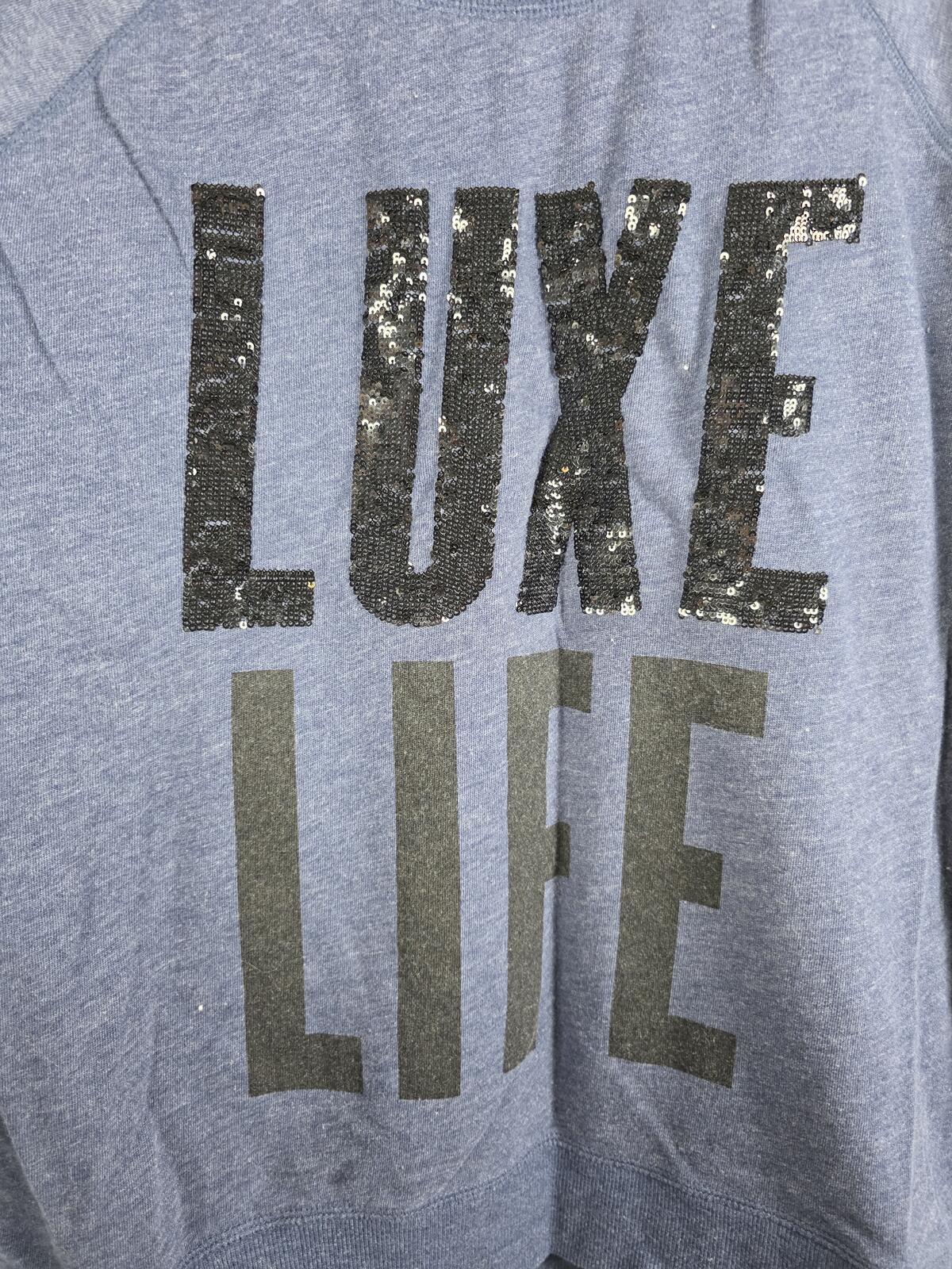 Victorias Secret BLUE LUXE LIFE Sweater Shirt BLING Sequined Logo Large