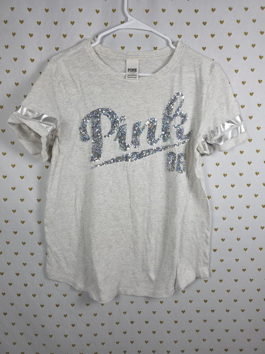 Victorias Secret PINK BLING White Sequined Tee Shirt LARGE