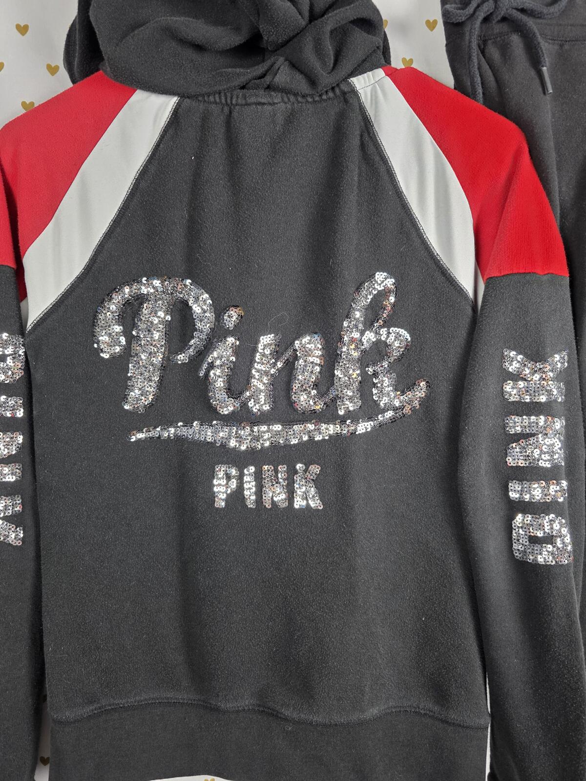 Victorias Secret Pink BLING Sequined SET 2pc Hoodie Full ZIp Jacket Joggers XS