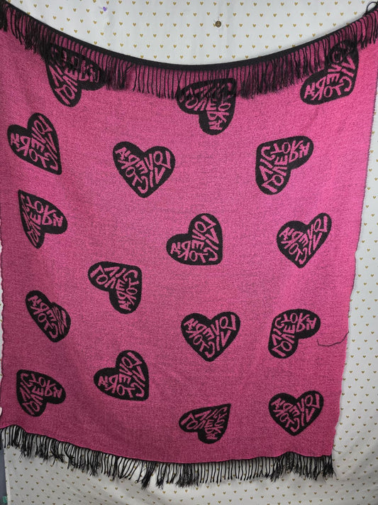 Victoria Secret LOVE VICTORIA Throw Blanket Fringe 50”X60” Pink & Black Hearts
