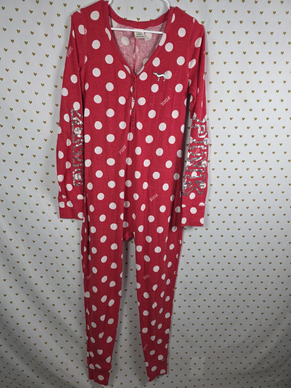 VICTORIA'S SECRET PINK POLKA DOT Red Trap Door ONE PIECE BODYSUIT PAJAMAS LARGE
