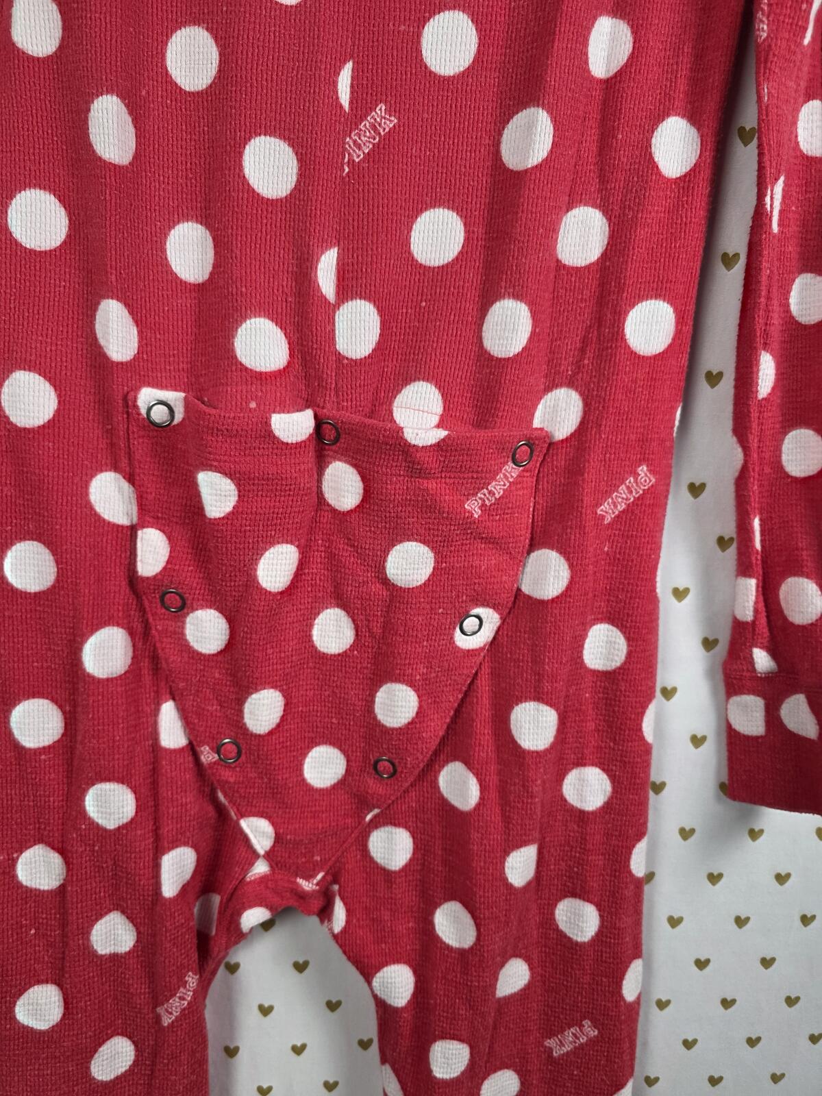 VICTORIA'S SECRET PINK POLKA DOT Red Trap Door ONE PIECE BODYSUIT PAJAMAS LARGE