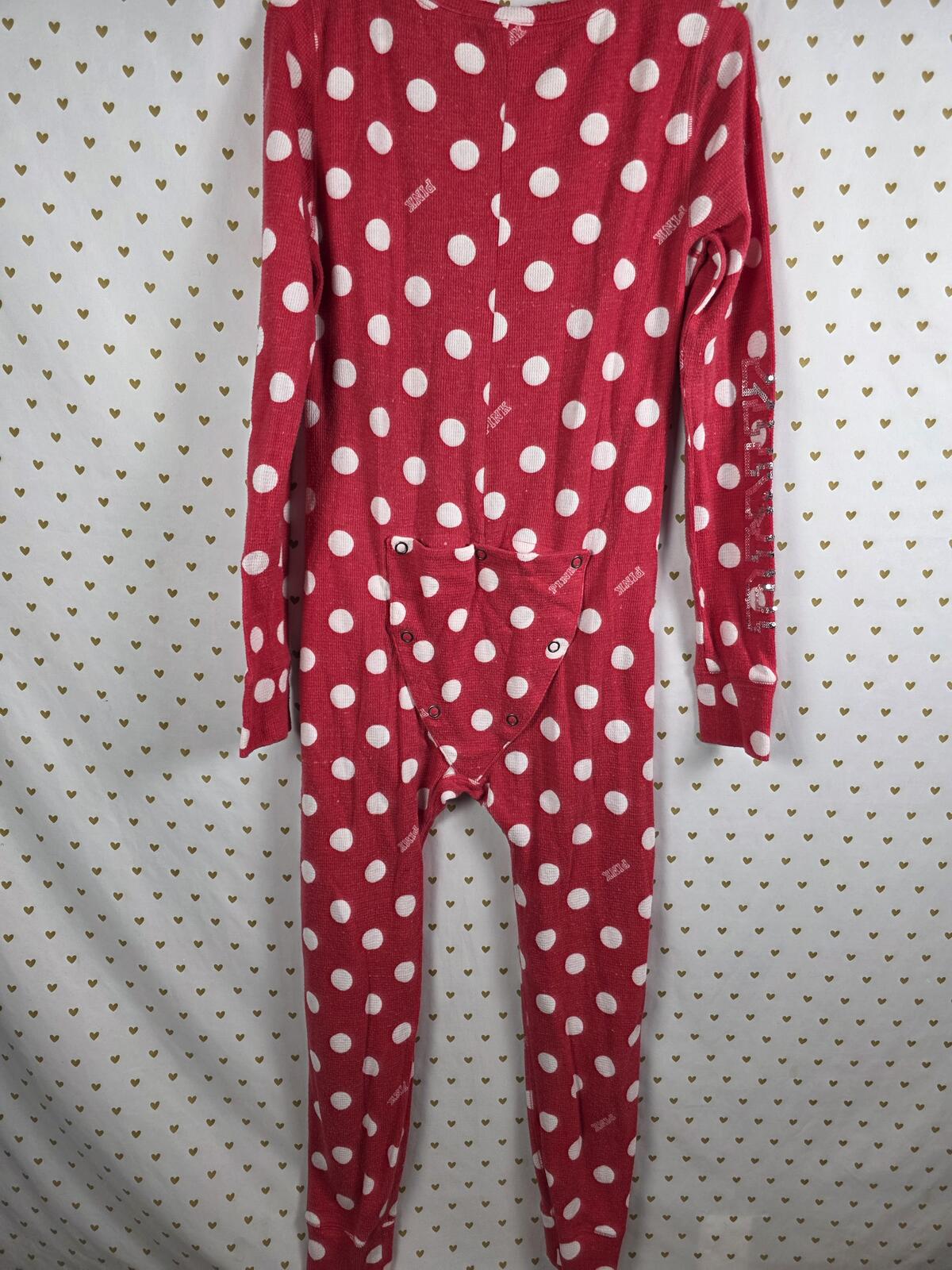 VICTORIA'S SECRET PINK POLKA DOT Red Trap Door ONE PIECE BODYSUIT PAJAMAS LARGE