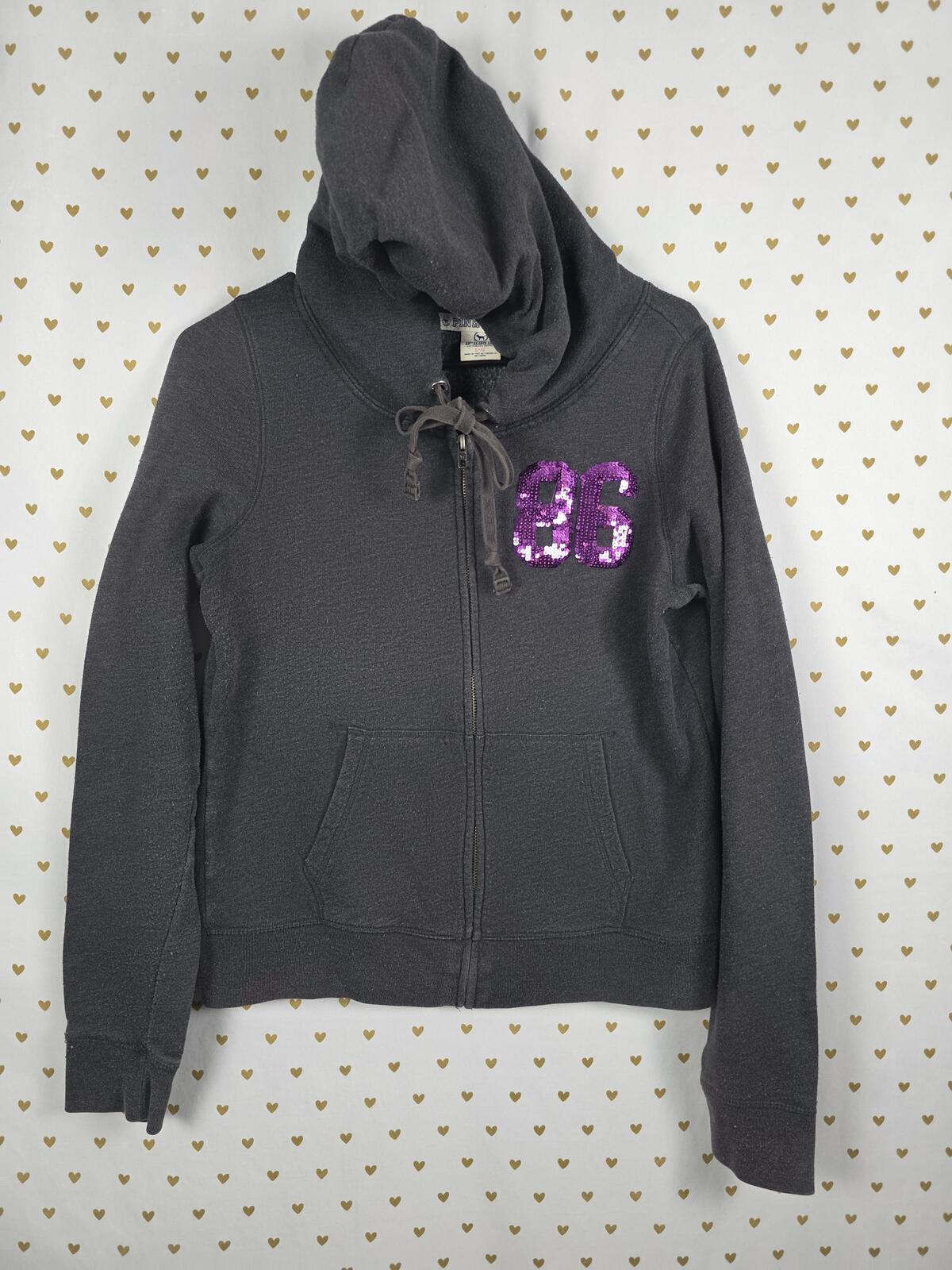 Victorias Secret Pink BLING LOVE Logo Full Zip Grey Hoodie Jacket LARGE