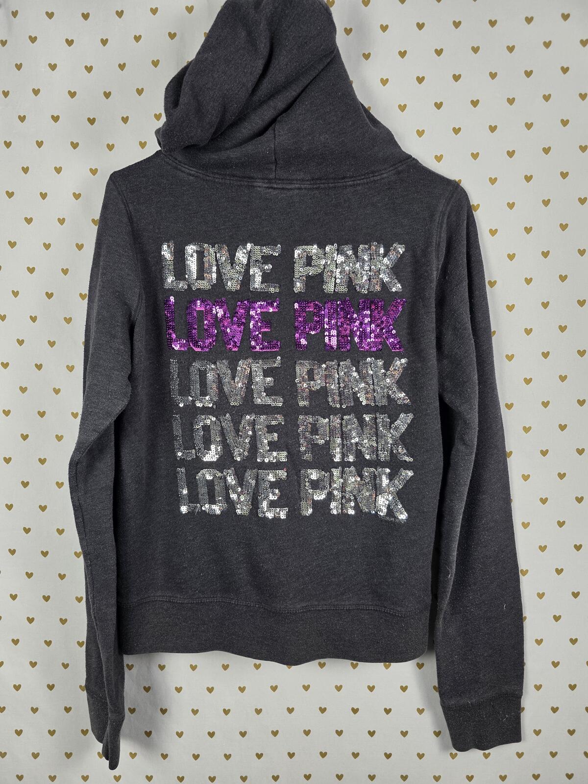 Victorias Secret Pink BLING LOVE Logo Full Zip Grey Hoodie Jacket LARGE