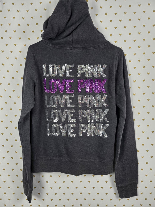 Victorias Secret Pink BLING LOVE Logo Full Zip Grey Hoodie Jacket LARGE