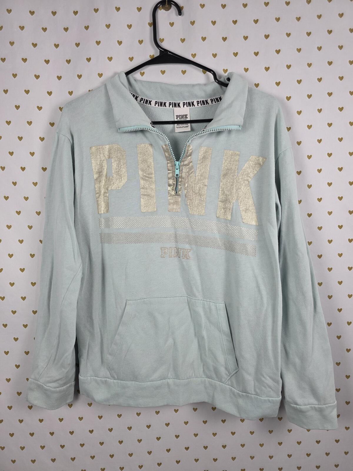Victorias Secret Pink Mint Foil Logo Quarter ZIp Sweater Shirt MEDIUM