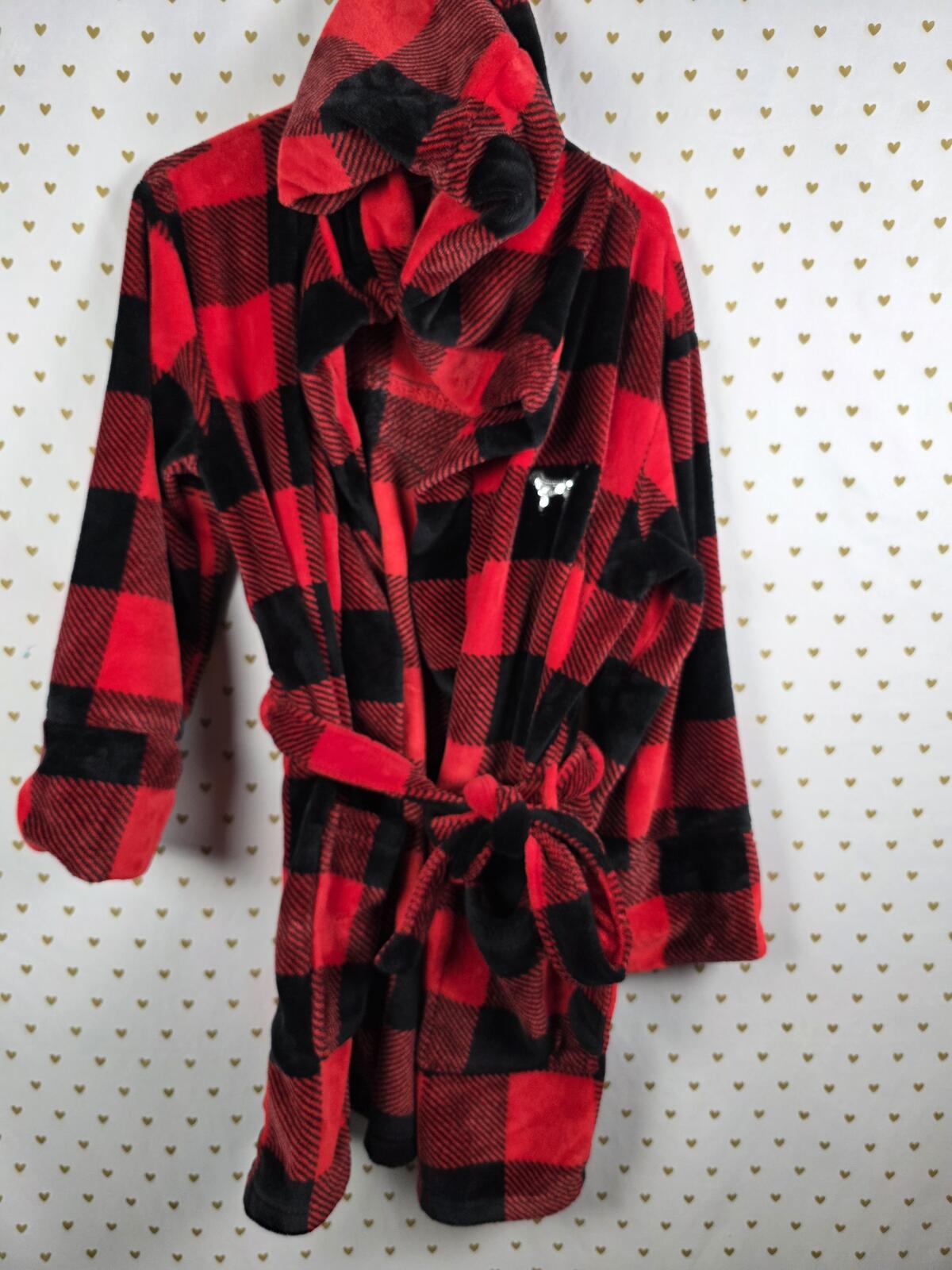 Victorias Secret Satin Silky Robe BUFFALO PLAID BLING SEQUINED Plush Hooded xs s