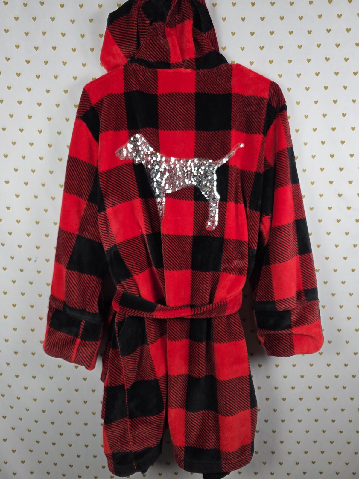 Victorias Secret Satin Silky Robe BUFFALO PLAID BLING SEQUINED Plush Hooded xs s