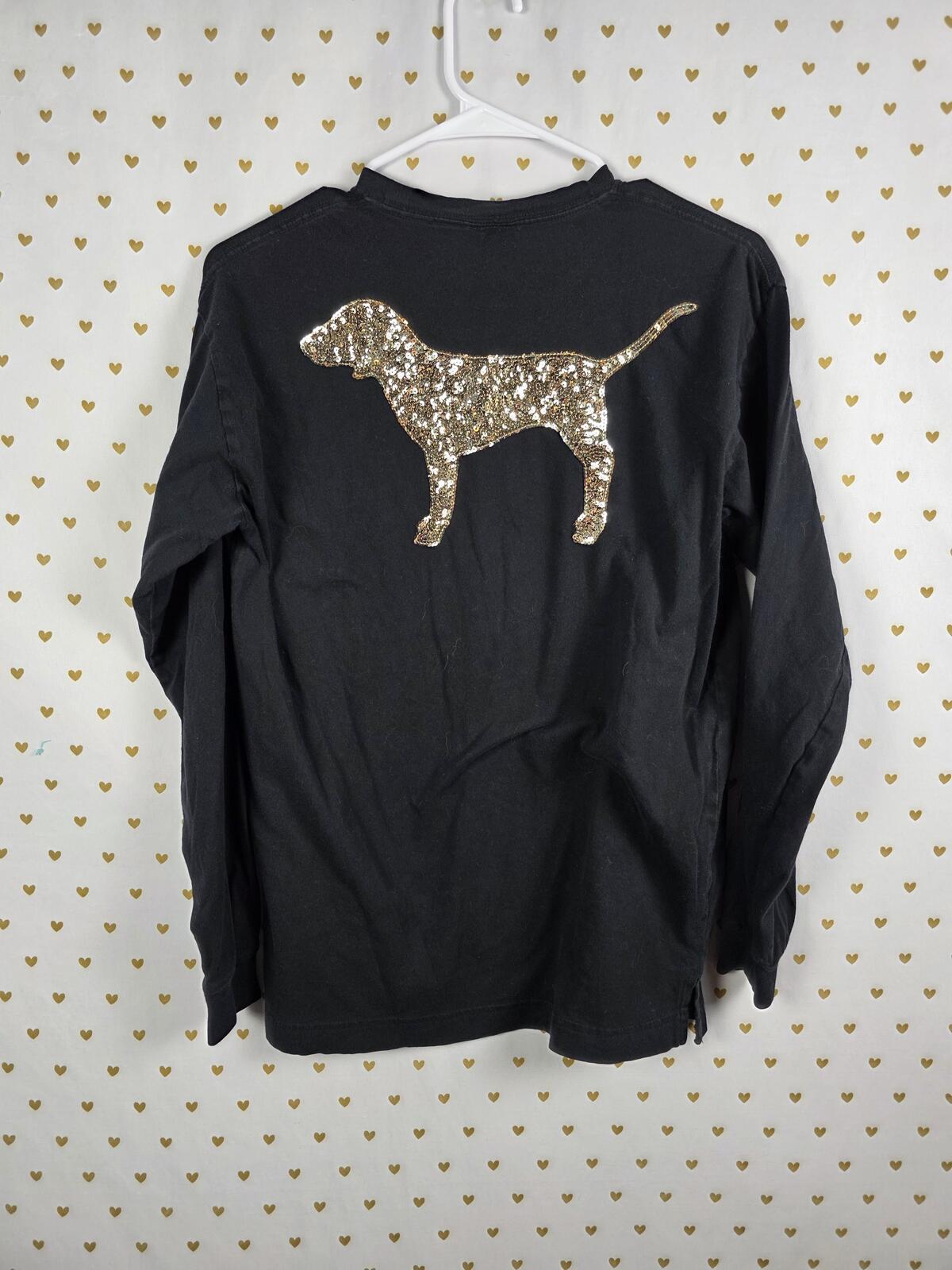 Victorias Secret PINK Long Sleeve Black Pocket campus BLING DOG SEQUINED tee XS