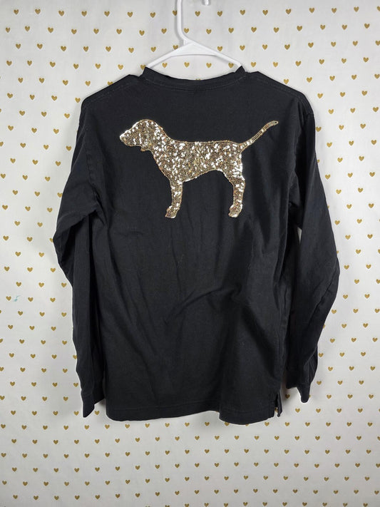 Victorias Secret PINK Long Sleeve Black Pocket campus BLING DOG SEQUINED tee XS