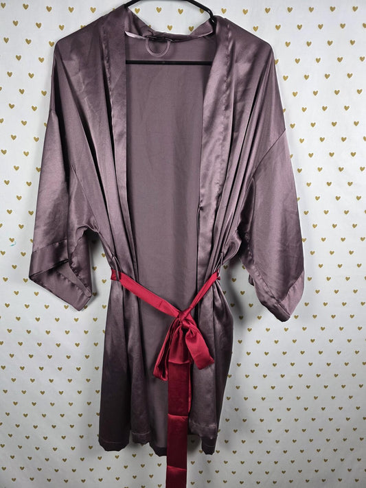 Victorias Secret Satin Silky Robe Taupe Kimono Wrap Cover Up Lounge Pockets M L