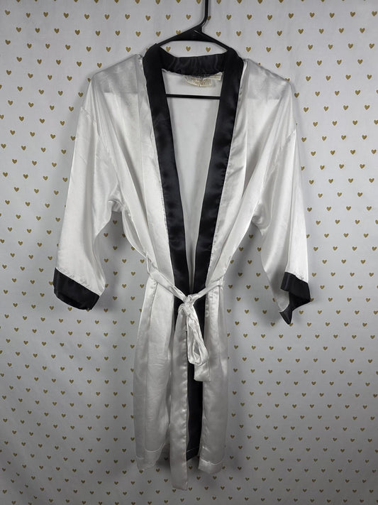 Victorias Secret Satin Silky Robe White Black VINTAGE GOLD LABEL SMALL Lounge