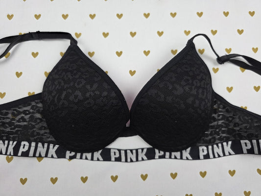 Victorias Secret PINK Black Leopard Cheetah Bra 34A Push Up