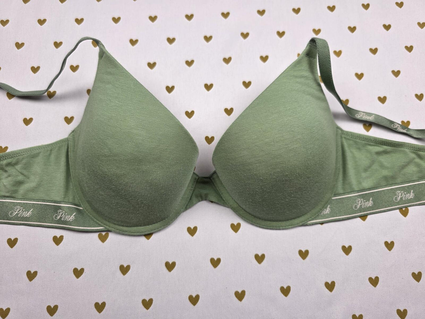 Victorias Secret PINK Green Logo Strap 34C Wear Everywhere Push Up Bra