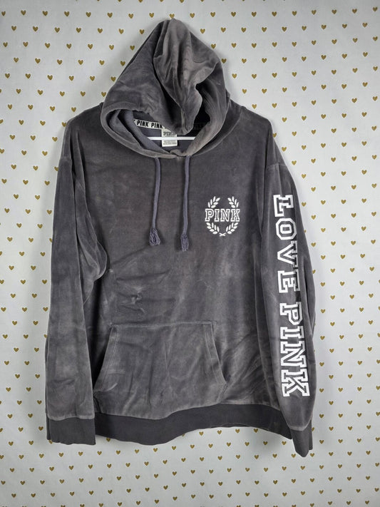 Victorias Secret Pink Logo Pullover Velour Hoodie Sweater Grey LARGE