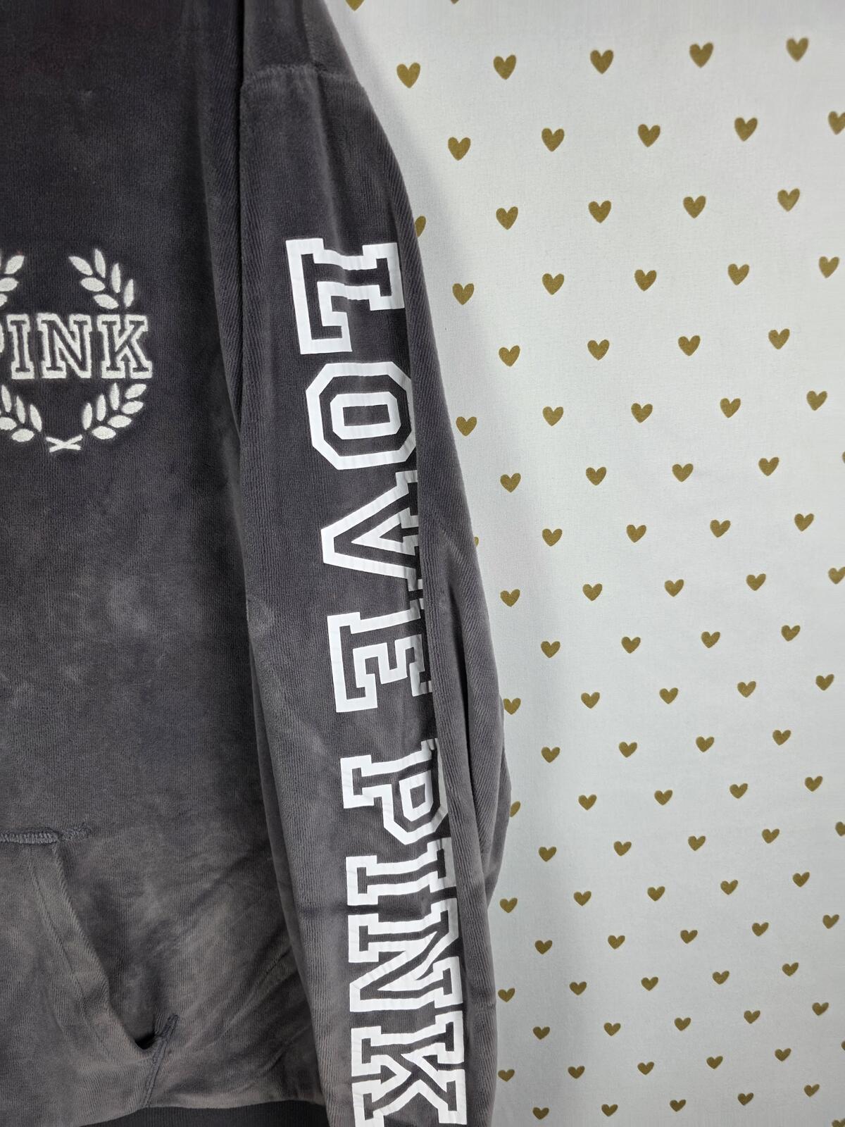 Victorias Secret Pink Logo Pullover Velour Hoodie Sweater Grey LARGE