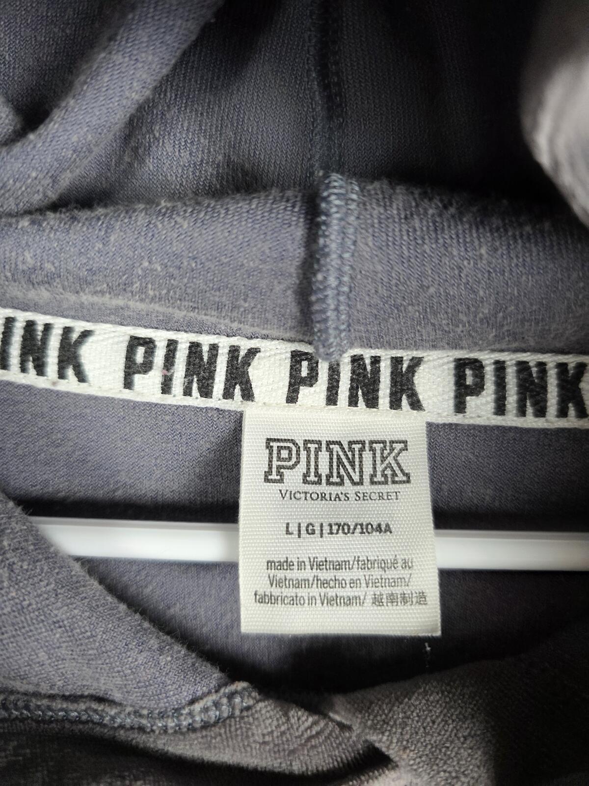 Victorias Secret Pink Logo Pullover Velour Hoodie Sweater Grey LARGE