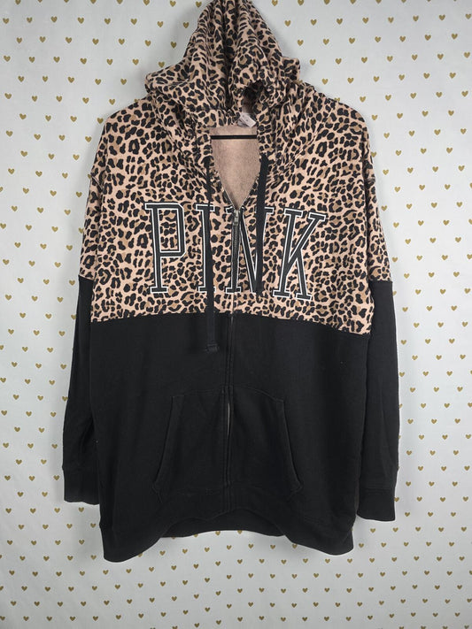 Victorias Secret Pink Cheetah Leopard Pullover Hoodie Logo MEDIUM